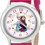 Disney Kids’ W001793 “Frozen Elsa and Anna” Stainless Steel Watch with Pink Leather Band