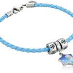 Disney Girls’ Frozen Stainless Steel Elsa Leather Bead Charm Bracelet, 7.5″