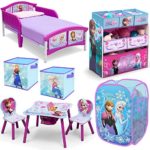 Disney Delta Children Frozen Elsa and Anna 8-Piece Furniture Set – Plastic Toddler Bed, Table and Chair Set, Multi Bin Toy Organizer, 2-Pack Storage Cube and Pop Up Hamper