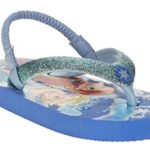 Disney Frozen Beach Flip Flop with Sparkle Band Snowflakes and Elastic Ankle Strap Featuring Elsa and Anna