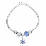 Disney Frozen Snowflake and Crystal Beads Bundle Bracelet, 7.5” Sterling Silver jewelry for Women and Girls
