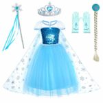 Snow Queen Princess Elsa Costumes Birthday Dress Up for Little Girls with Crown,Mace,Gloves Accessories 3-12 Years