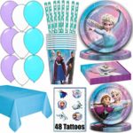 Frozen Party Supplies for 16 – Dinner Plates, Cake Plates, Napkins, Cups, Straws, Tablecover, Balloons, Tattoos – Disney Frozen Theme Birthday Pack Disposable tableware, decorations, Favors