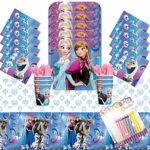 Disney Frozen Party Plates Napkins Cups and Table Cover Serves 16 with Birthday Candles – Frozen Birthday Party Supplies Pack Deluxe (Bundle for 16)