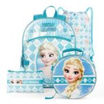 Disney Girls Frozen 5 Pc Set Backpack Includes Cinch Sack, Lunch Kit, Dangle, Zip Case, and Backpack (16 Inch Elsa Snow Queen 5 Piece Set)