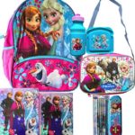 Frozen Anna, Elsa and Olaf Backpack with Shoulder Strap Lunch Box,water Bottle, Sandwich Container, Frozen School Supplies Folder and Spiral Notebook with Pencil Set and Pencil Case