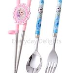 Disney Frozen Queen Elsa Kids Children Fork Spoon Training Chopsticks Flatware Utensil Cutlery Dinnerware Tableware Set – Pink & Blue