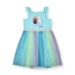 Disney Frozen Elsa and Anna Girls’ Sleeveless Dress Tutu and 4 Ponytail Hair Ties for Little Kids – Blue