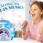 eKids Frozen Sing Along Boom Box Speaker with Microphone for Fans of Frozen Toys for Girls, Kids Karaoke Machine with Built in Music and Flashing Lights, Blue, 3.5mm Audio Jack