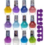 Townley Girl Disney Frozen Non-Toxic Peel-Off Water-Based Safe Quick Dry Nail Polish Gift Kit Set for Kids Girls with Bonus Nail Separators, 12 Pcs (All Solid Colors)