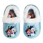 Disney Girls’ Frozen Slippers – Plush Fuzzy Elsa and Anna Slippers with Non-Skid Soles (Toddler/Little Kid), Size 11/12, Blue White Crinkle