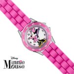 Accutime Kids’ Analog Watch with Silver-Tone Casing, Pink Bezel, Pink Strap – Official Minnie Mouse Character on The Dial, Time-Teacher Watch, Safe for Children – Model: MN1157