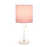 LimeLights LT2044-POW White Stick Table Desk Lamp with USB Charging Port and Drum Fabric Shade, Pink, Bulb not included