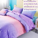 URBONUR Girls Comforter Set Queen 6PCS Gradient Purple Orange Glitter Moon Star Printed Bed in a Bag Soft Breathable Bedding Set for All Season (Star, Queen Size)