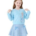 Disney Frozen Elsa Toddler Girl Outfits: Blue Long Sleeve Knit Top and Tweed Bowknot Skirt Set – Fall Winter Clothes for Birthday Party Holiday 5-6Y