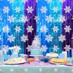 Bupelo Winter Princess Birthday Party Decorations, 2 Pack Ice Birthday Party Supplies 3.3×6.6ft Tinsel Foil Fringe Curtains, Winter Photo Booth Prop Backdrop Streamer, Snowflake Birthday Party Decor