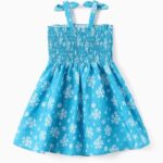 Disney Frozen Toddler Girl Dress Elsa Character Print Bow Strap Floral Summer Clothes Smocking Beach Holiday Sundress Sky Blue 5-6 Years