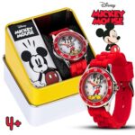 Disney Mickey Mouse Kids Time Teacher Analog Watch with Red Rubber Strap, Labeled Hour and Minute Hands, Fixed Bezel and Collectible Tin Gift Box Fits Wrists 5.5″ to 8″