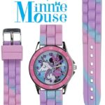 Disney Minnie Mouse Kids Time Teacher Watch with Hour & Minute Hands, Easy-to-Read Dial, and Glitter Silicone Strap – Pink & Blue Analog Watch for Girls – Wrists 5.5”-8” – with Collectible Tin Box