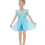 Disney Frozen Elsa Toddler Girl Romper With Tulle Skirt Overlay Turquoise Character Print Ruffle Sleeve Tie Waist Bow Birthday Summer Jumpsuit 5-6Y