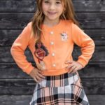 Disney Princess Moana Toddler Girl 2 Piece Outfit Orange Long Sleeve Pearl Button Knit Top & Plaid Tweed Skirt Set Birthday Elegant Dress 3T